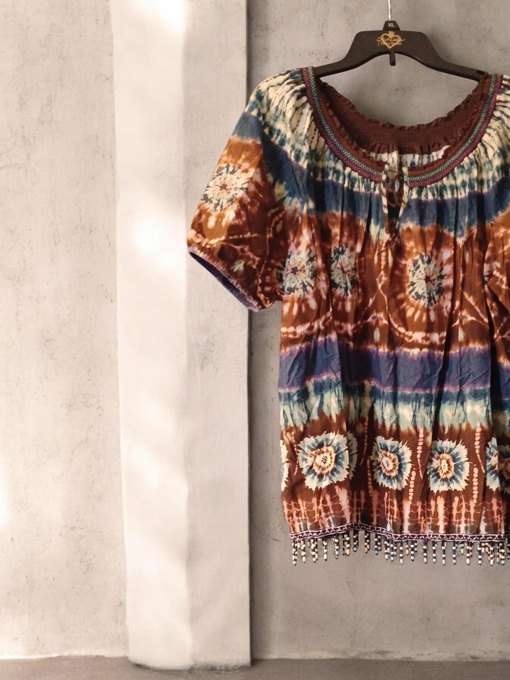 Boho Tie-Dye Peasant Blouse in Brown & Blue